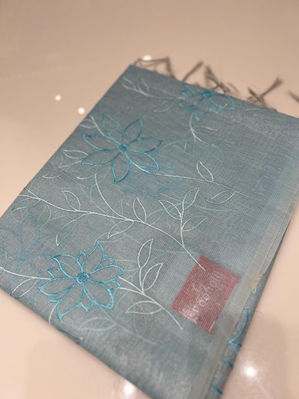 Linen Tissue Saree - Blue search code 6818