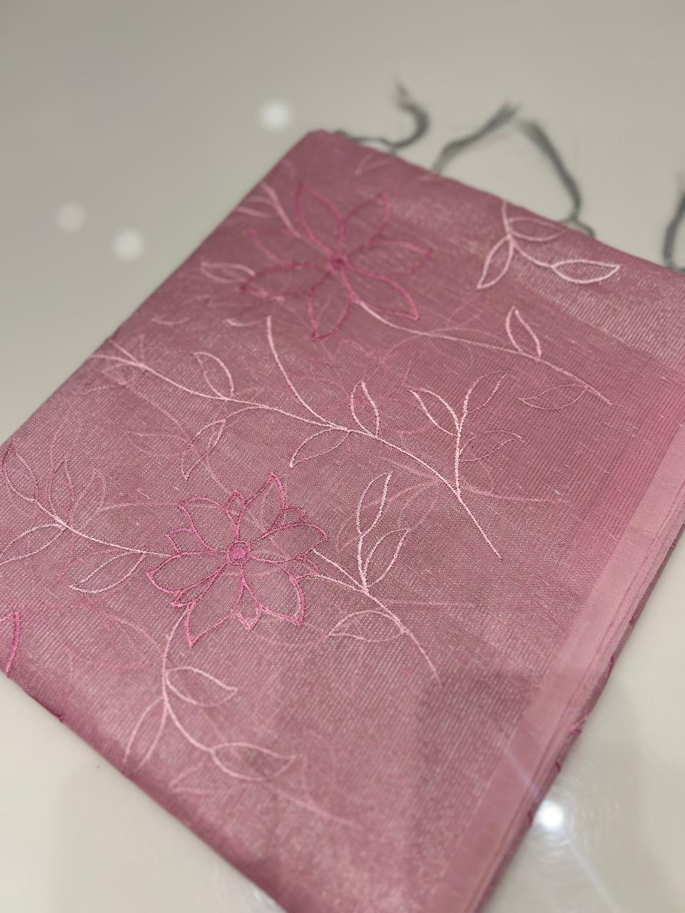 Linen Tissue Saree - Pink search code 6819