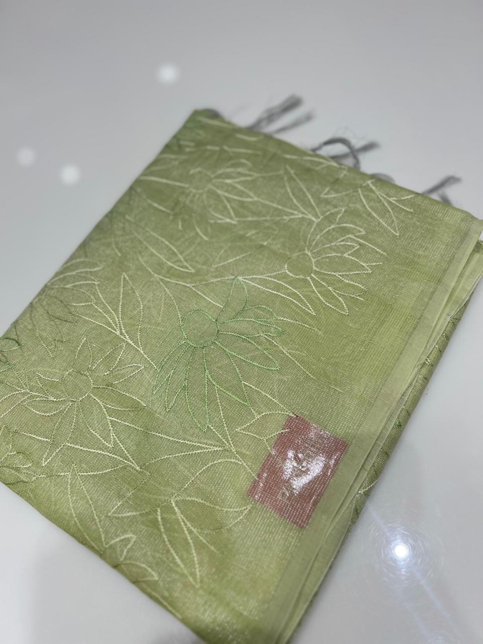 Linen Tissue Saree - Green search code 6821