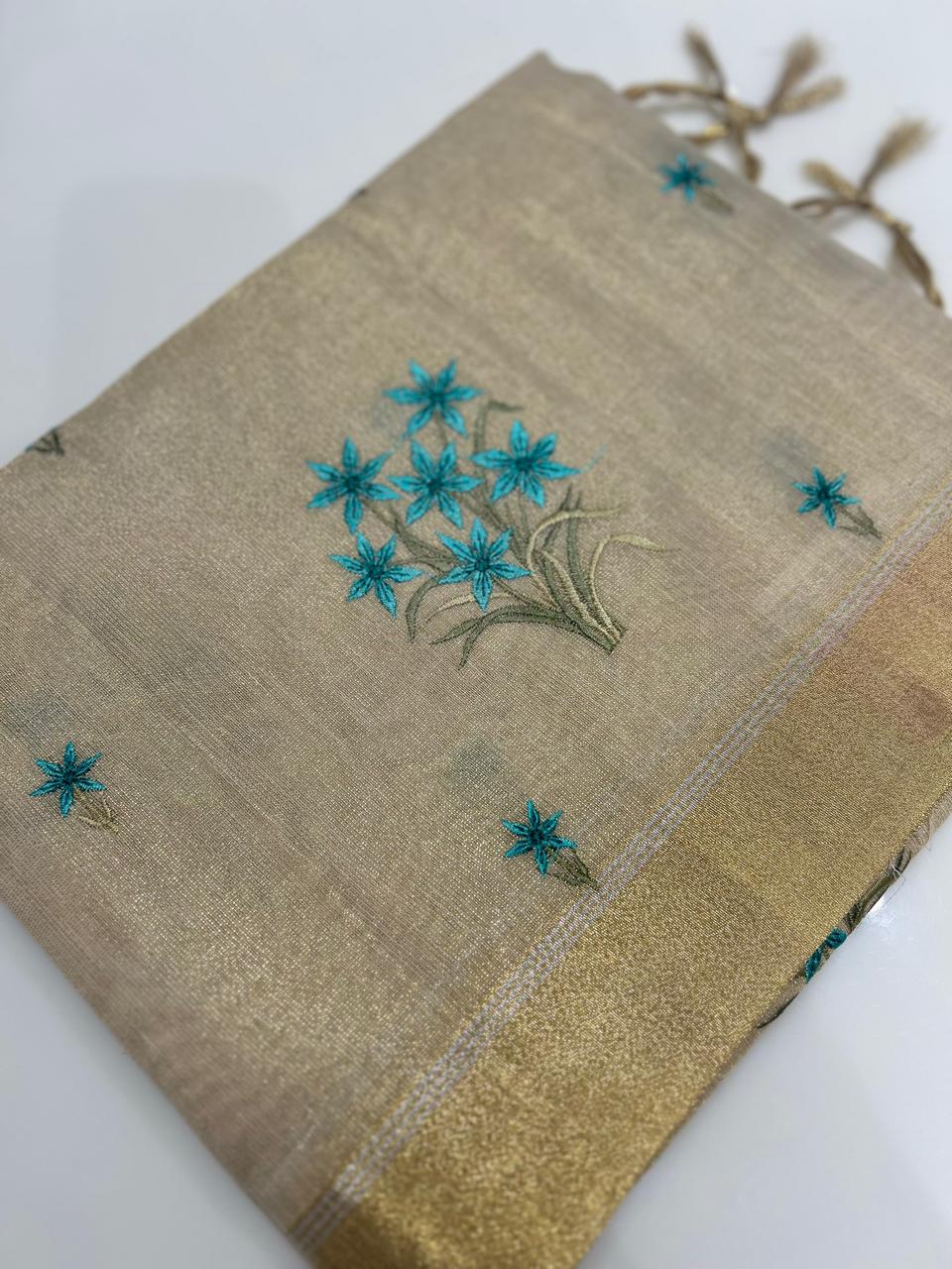 Tissue Saree  -Golden and Blue   search code 6801
