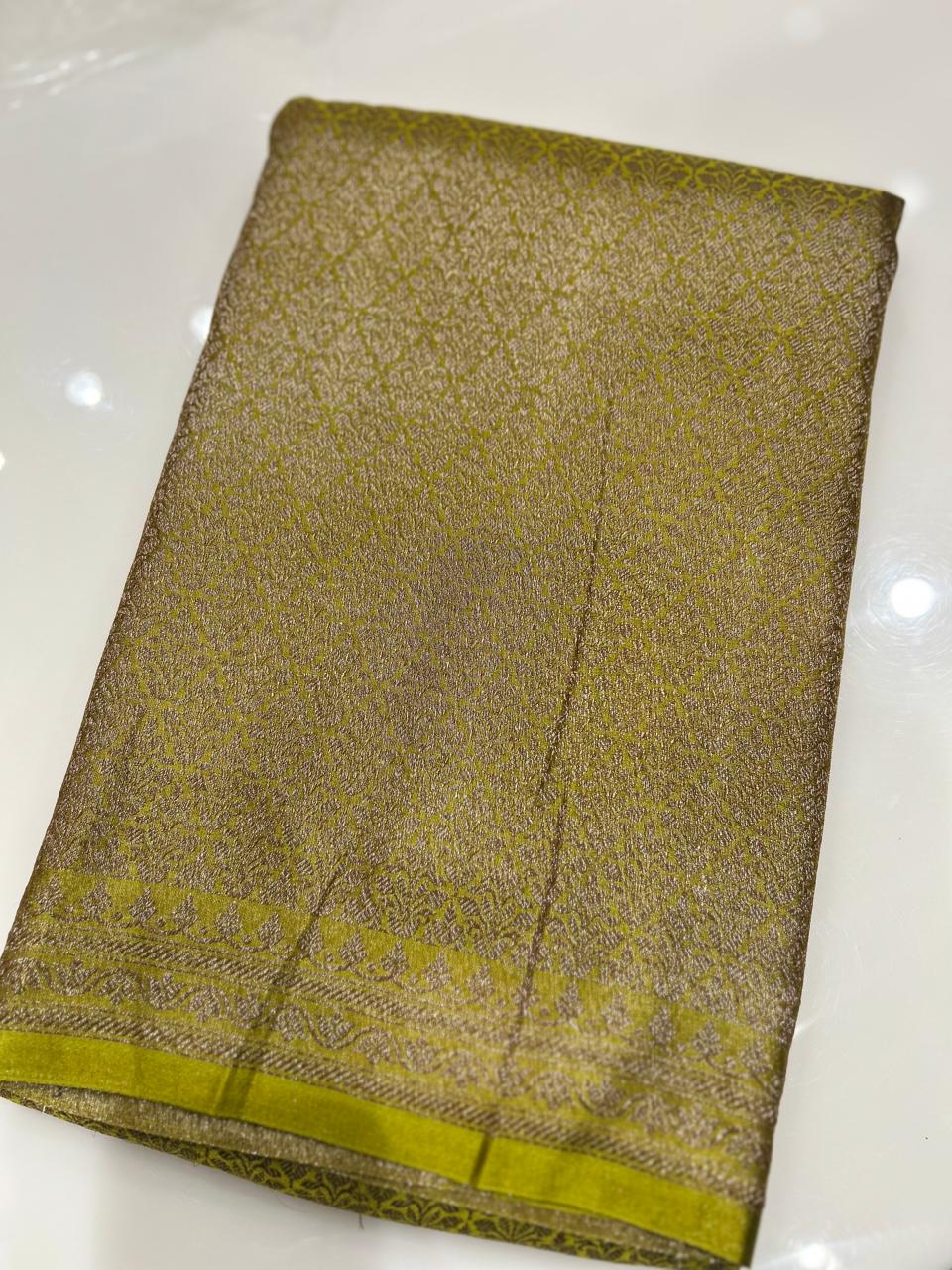 Semi Banarasi saree - Lemon yellow shade  Search code 3968