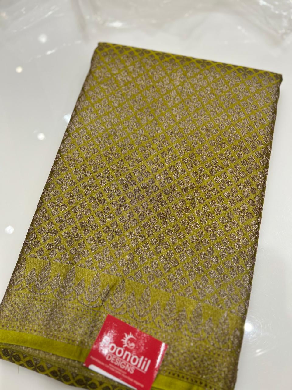 Semi Banarasi saree -Lemon yellow shade  Search code 3972