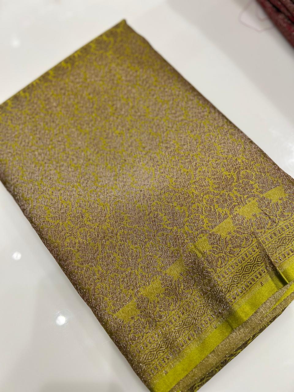 Semi Banarasi saree -lemon green shade  Search code 3980