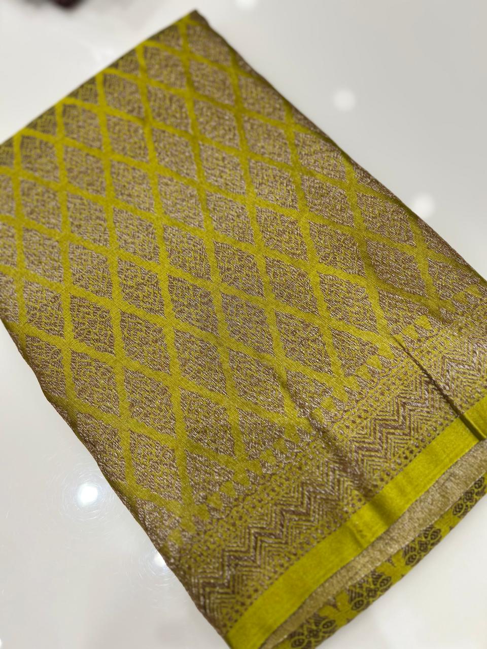 Semi Banarasi saree -Lemon green shade  Search code 3985