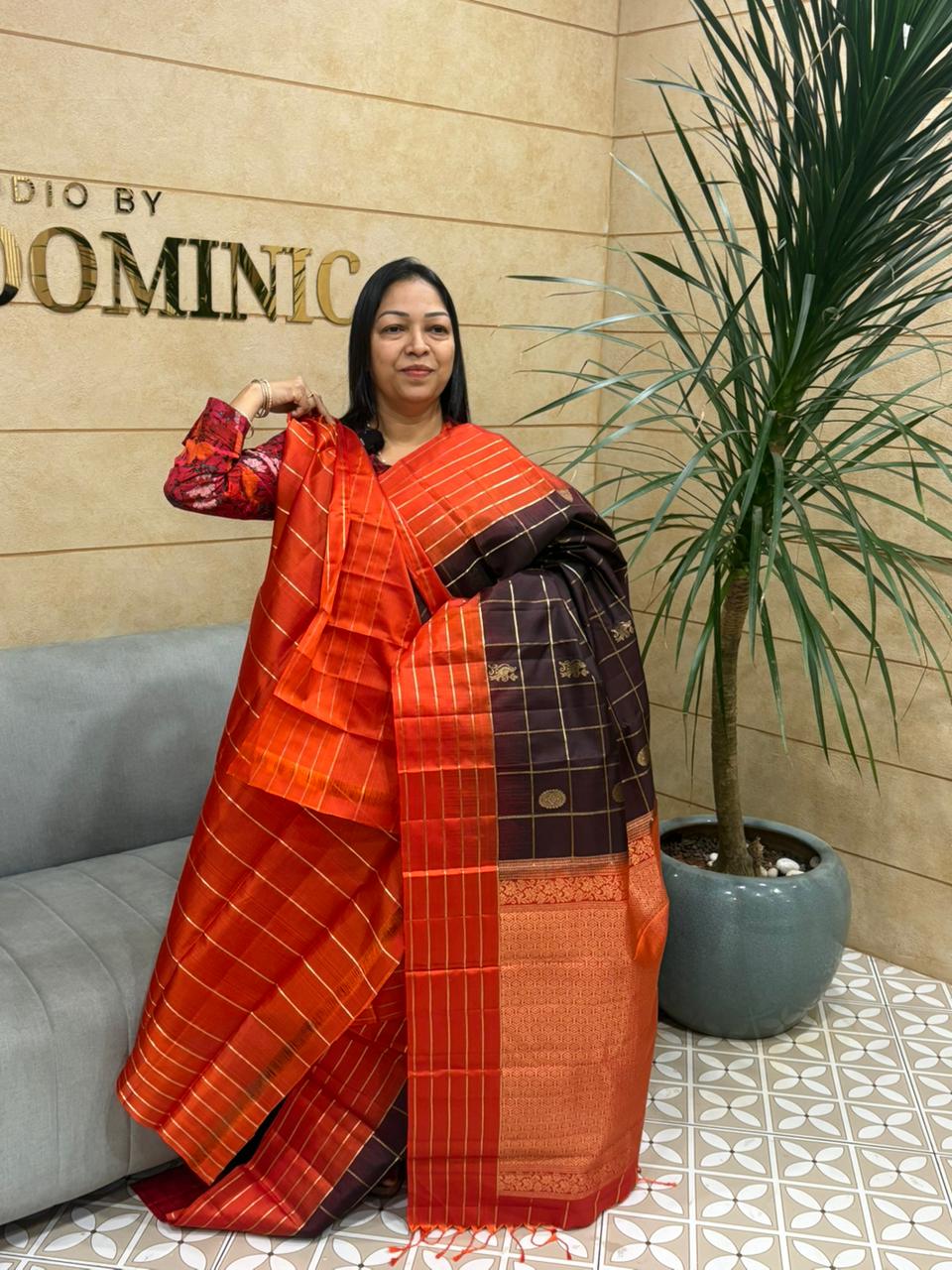 KANCHIPURAM SAREE -Dark coffee  and orange shade Search code 8000