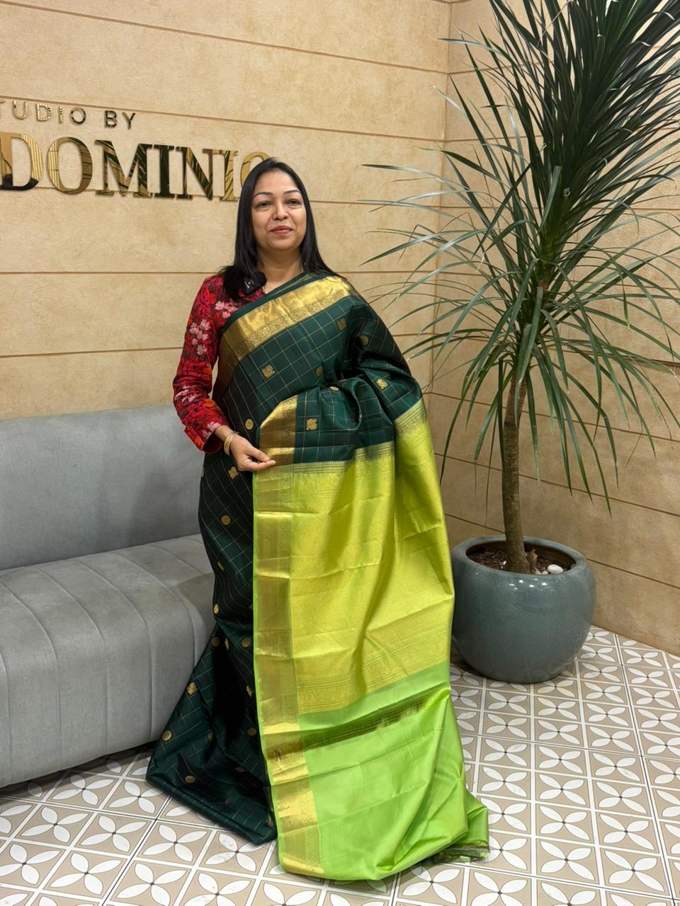 KANCHIPURAM SAREE - Emerald Green and parrot green  shade Search code 8002