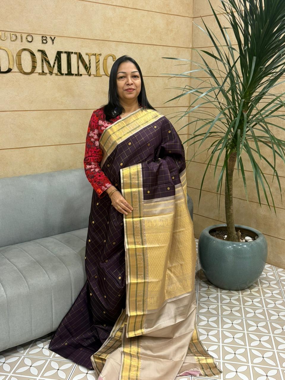 KANCHIPURAM SAREE -Dark coffee  and chiku shade Search code 8001