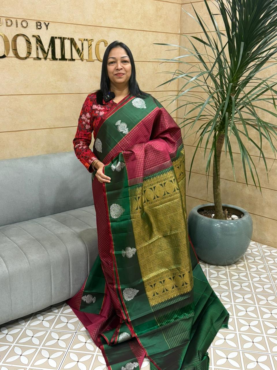 KANCHIPURAM SAREE -marron and  green  shade Search code 8003