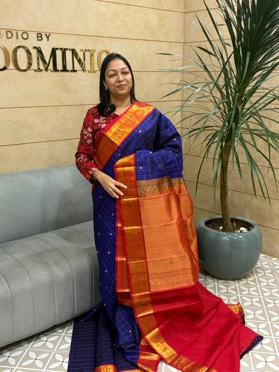 KANCHIPURAM SAREE -royal blue and red shade Search code 8005