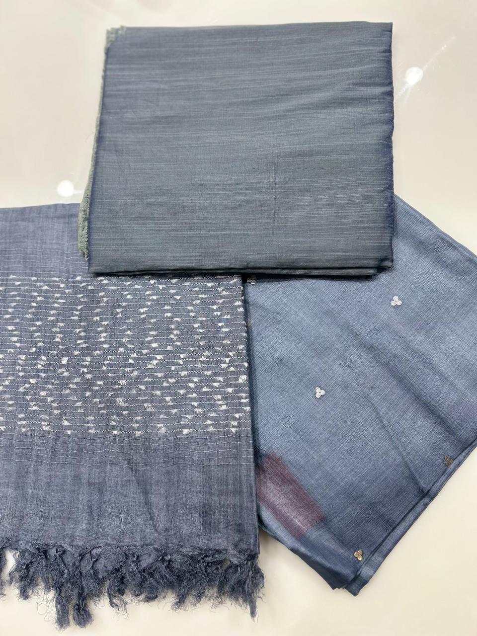 UNSTITCHED TUSSAR SUIT SET -Gray  shade Search code 1602