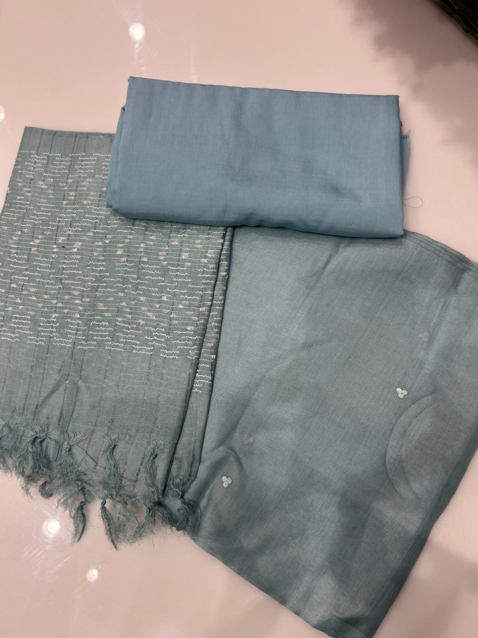 UNSTITCHED TUSSAR SUIT SET -Aqua blue shade Search code 1605