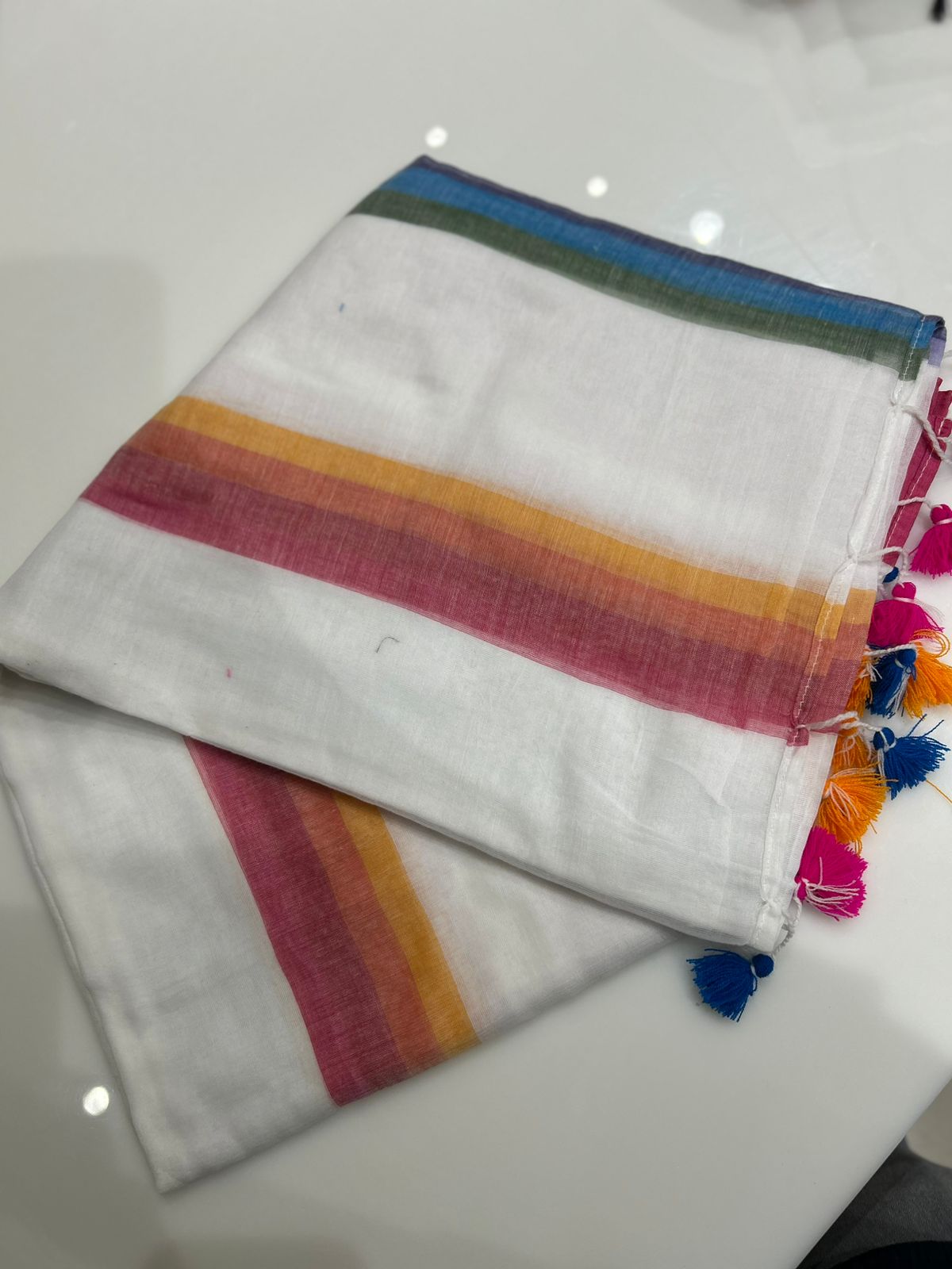 Mal Cotton  Saree-White to Multi color shade Search code 7430