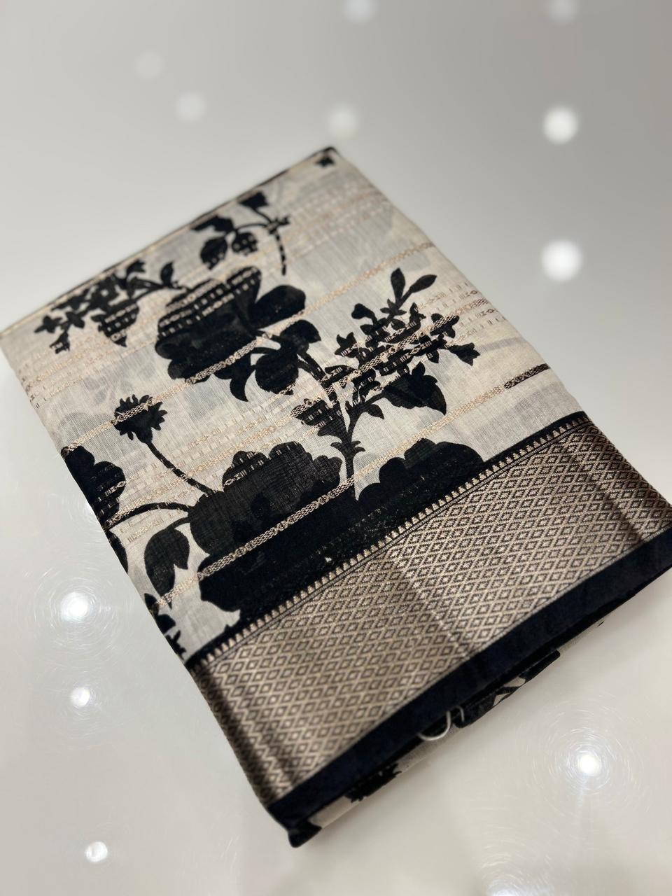 Chanderi  Saree - Cream and Black  color Search code 7950