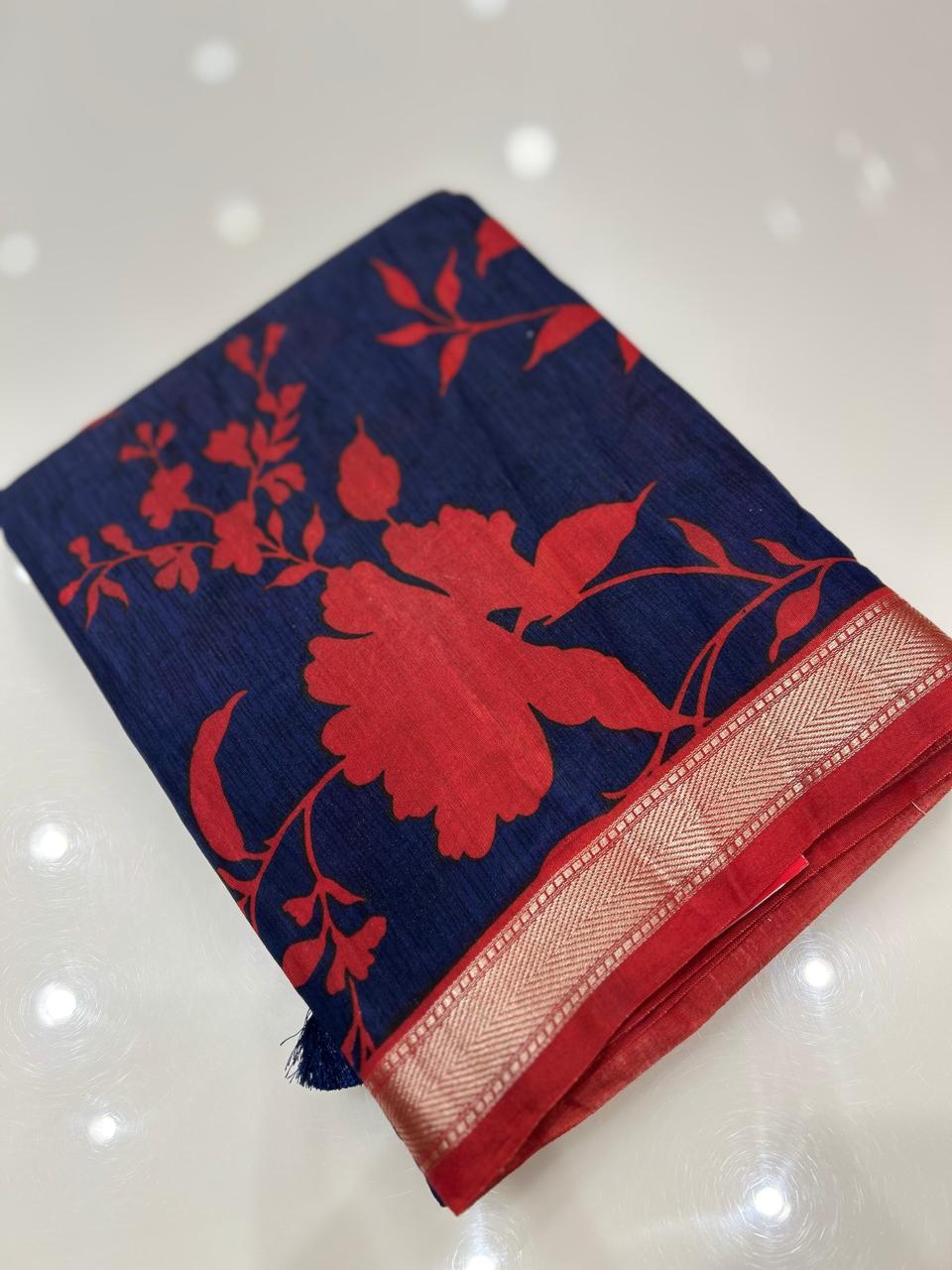 Chanderi  Saree - Blue and red color Search code 7954