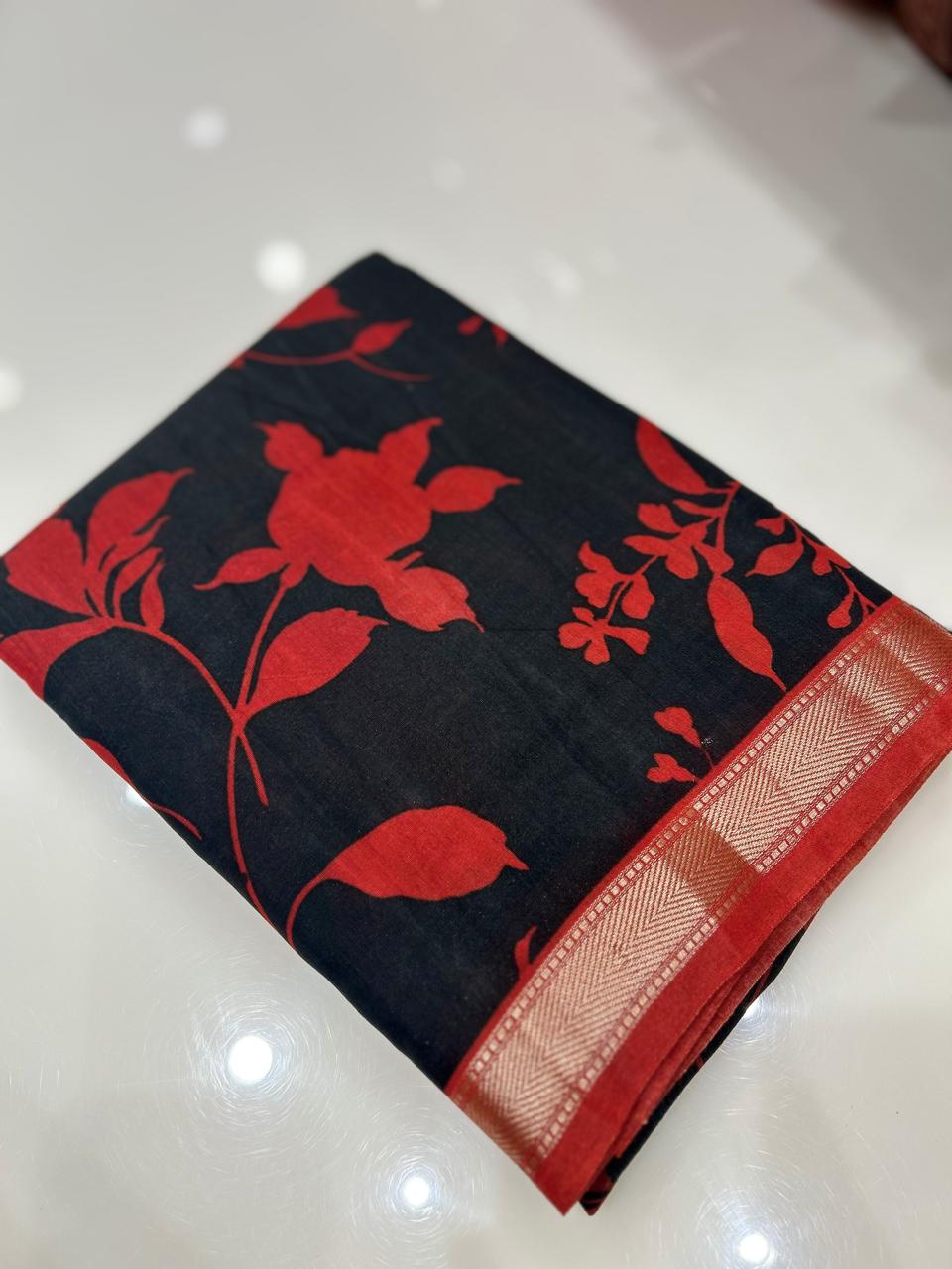 Chanderi  Saree -Black to Red color Search code 7956