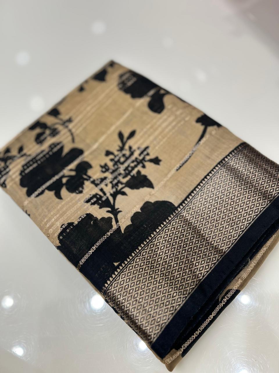 Chanderi  Saree - Chiku  and Black  color Search code 7952