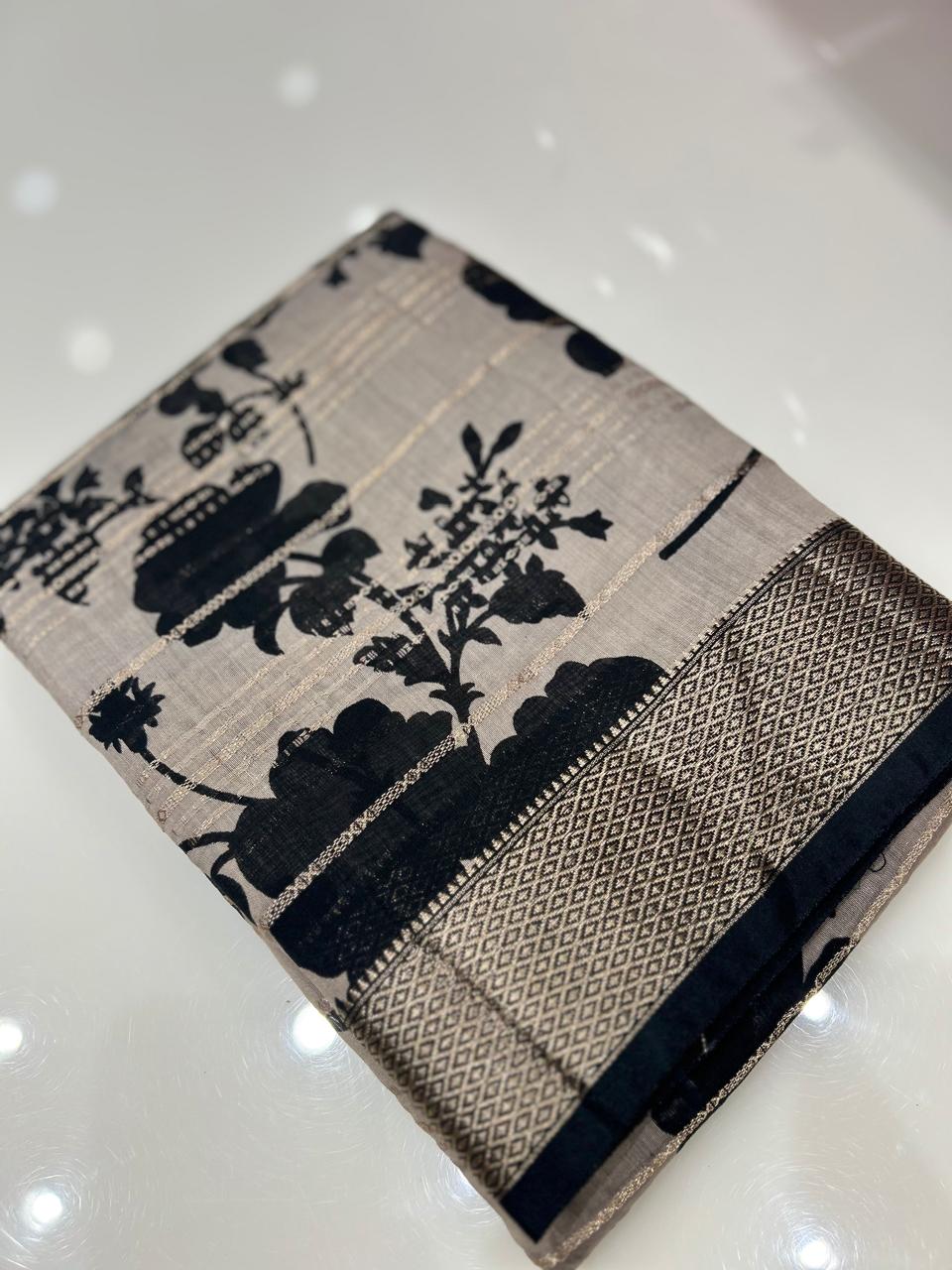 Chanderi  Saree - Off white  and Black  color Search code 7951