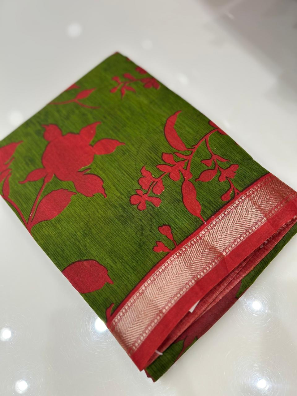 Chanderi  Saree -Green to Red color Search code 7957
