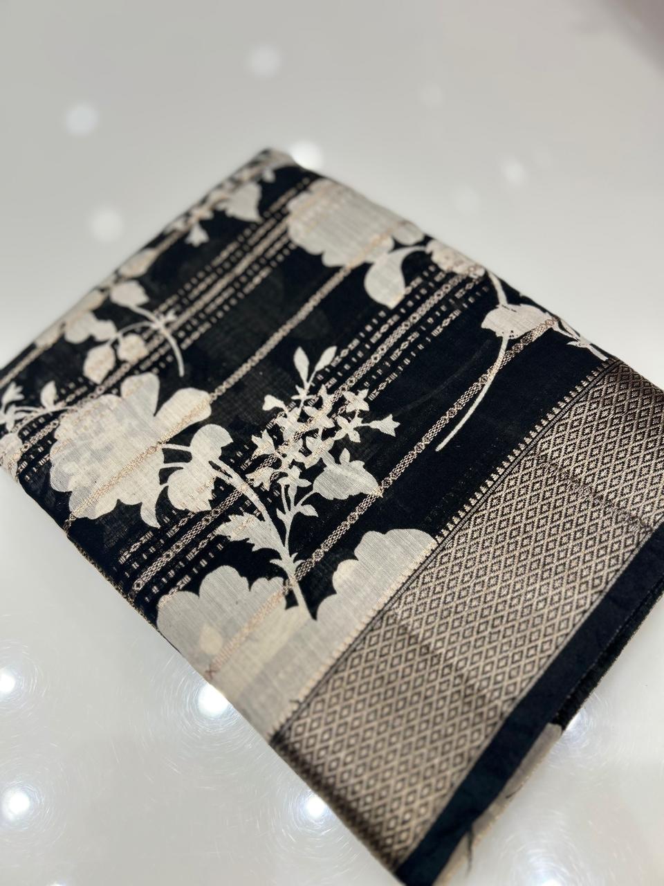 Chanderi  Saree - Black and white color Search code 7953