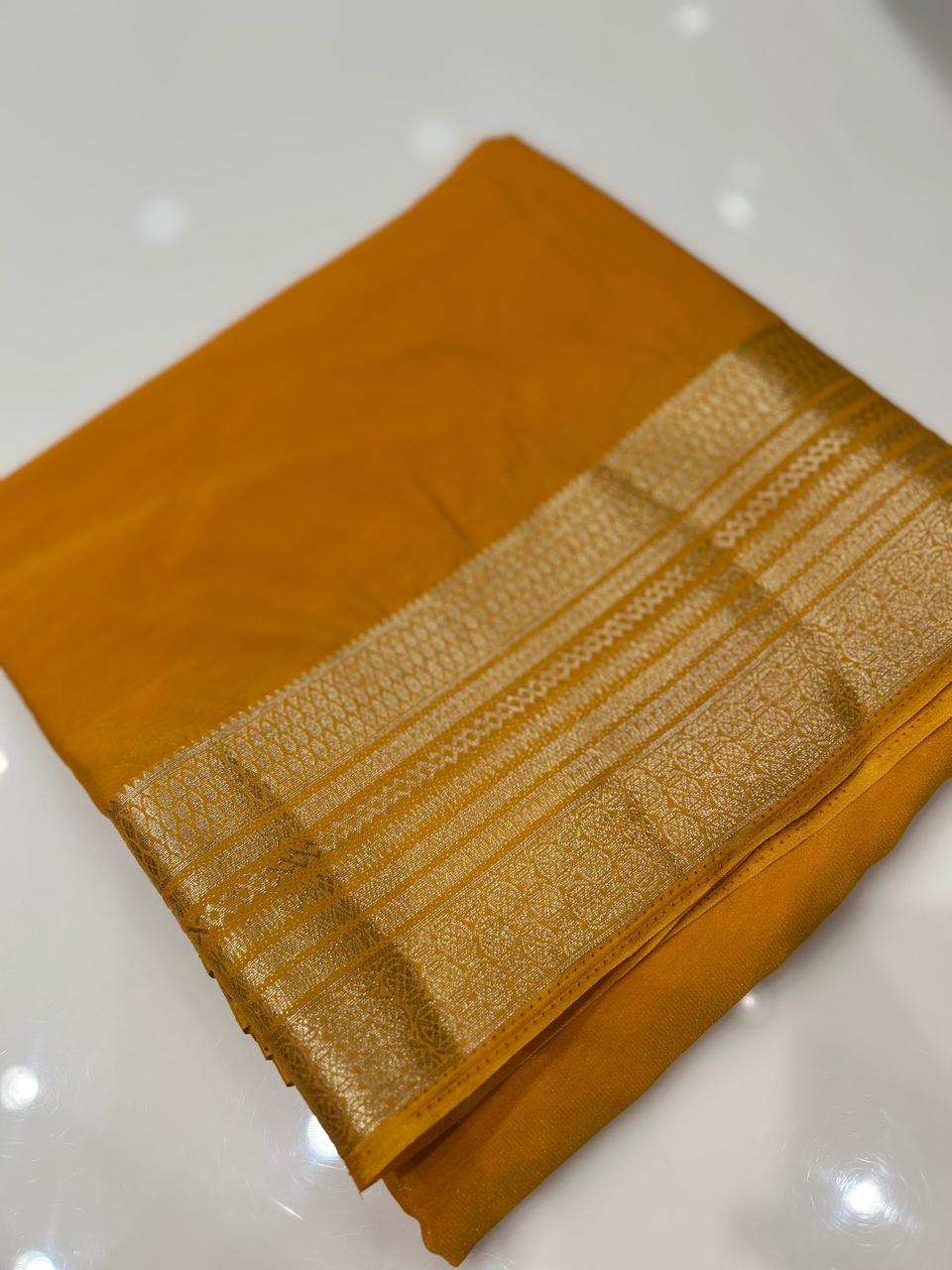 Crape Silk saree-Mango yellow shade Search code 7966