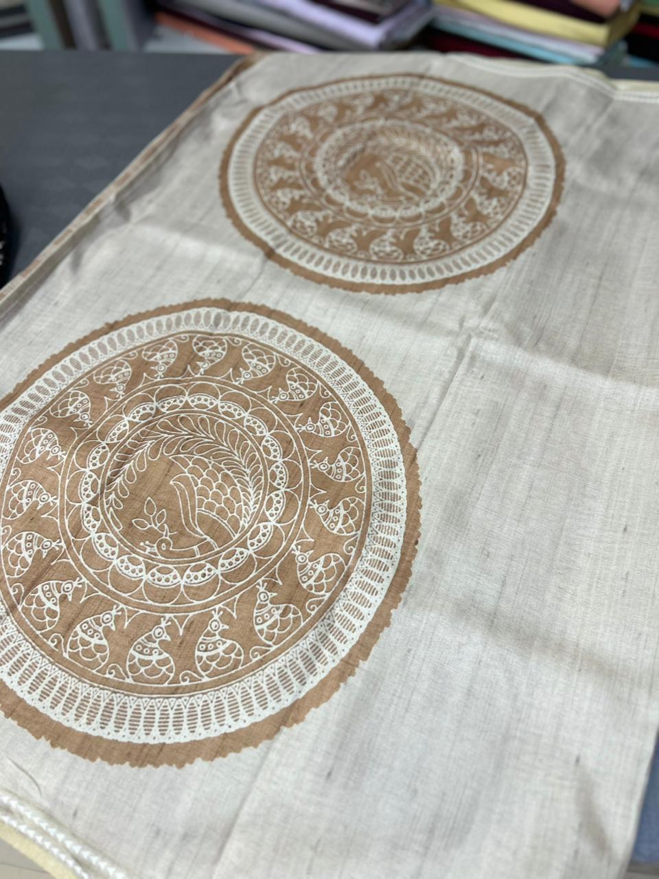 Semi Tussar Mix Saree  -Chiku shade  Search code 2402