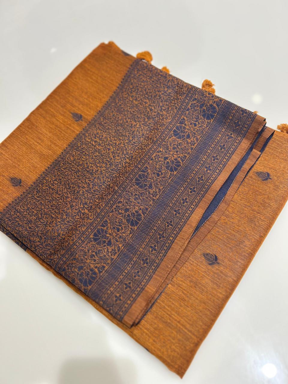 Jute matka silk saree  -Dark yellow and blue shade  Search code 4600