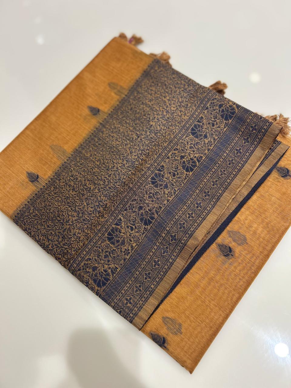 Jute matka silk saree  -Yellow to blue shade  Search code 4602