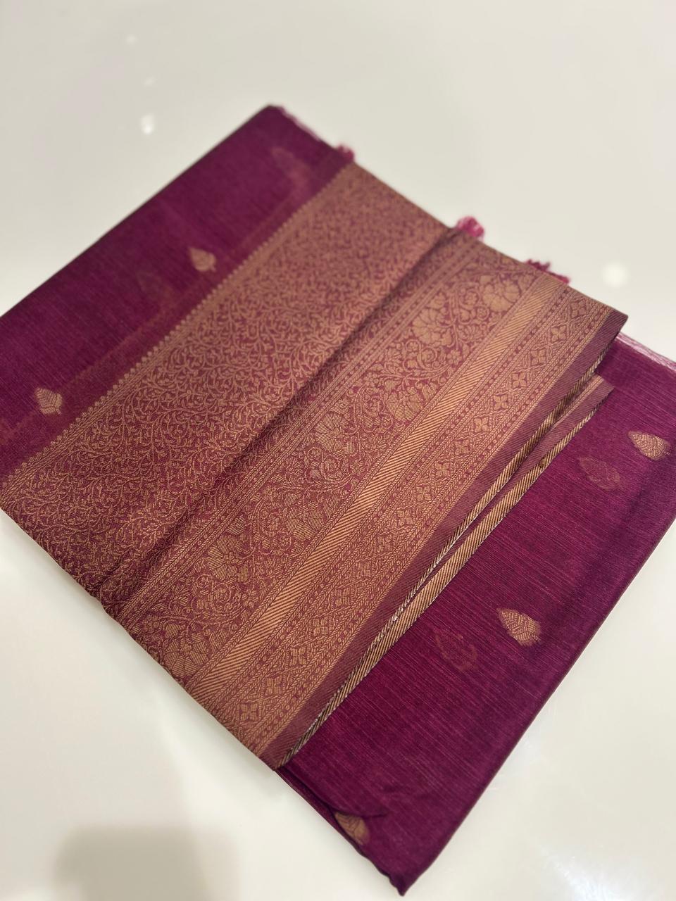 Jute matka silk saree  -Wine to chiku   shade  Search code 4604