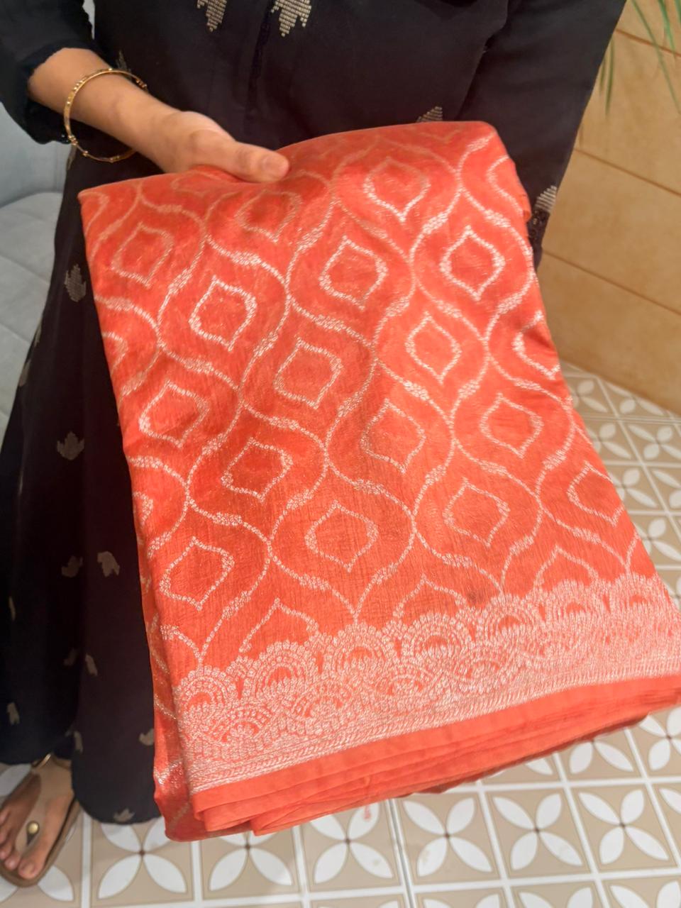 Banarasi  chanderi sarees - Burnt Orange color Search code 5202