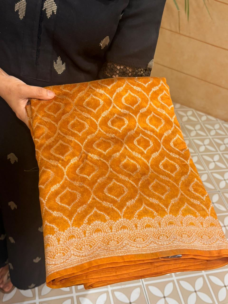 Banarasi  chanderi sarees - mustard yellow color Search code 5204