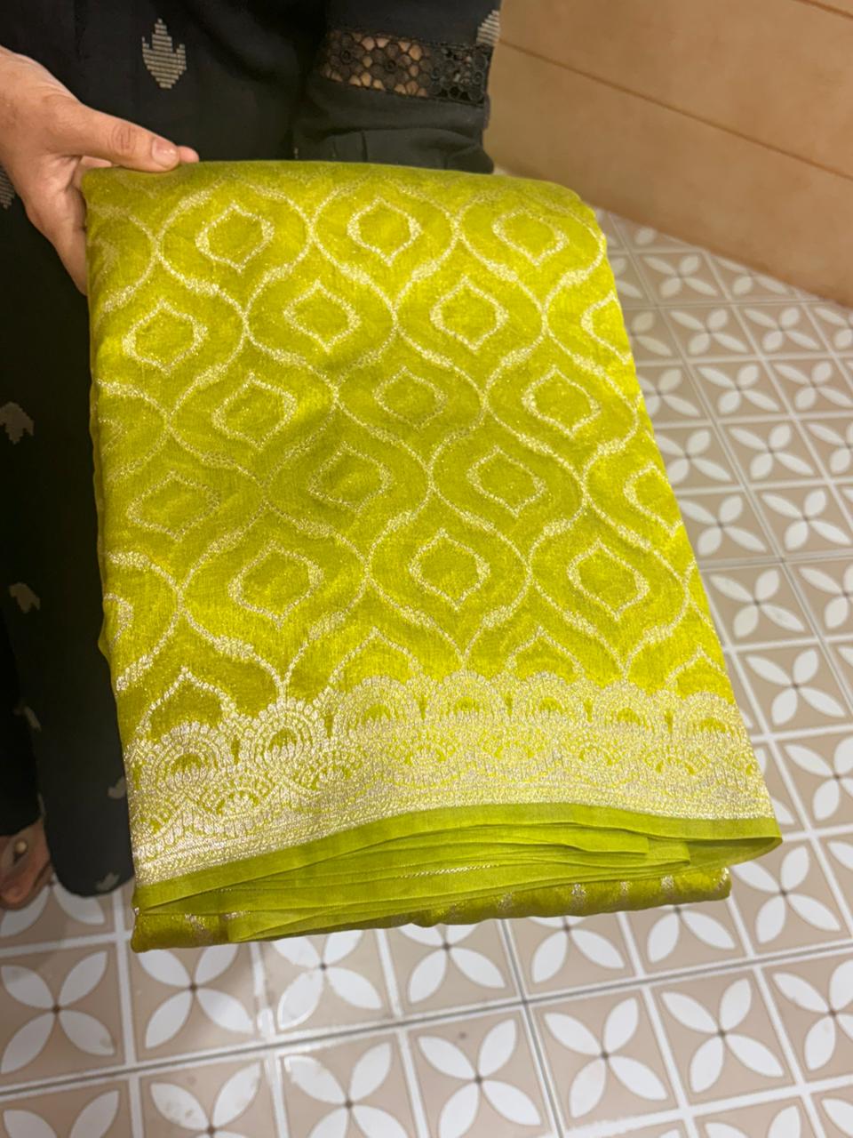Banarasi  chanderi sarees - lemon green color Search code 5205