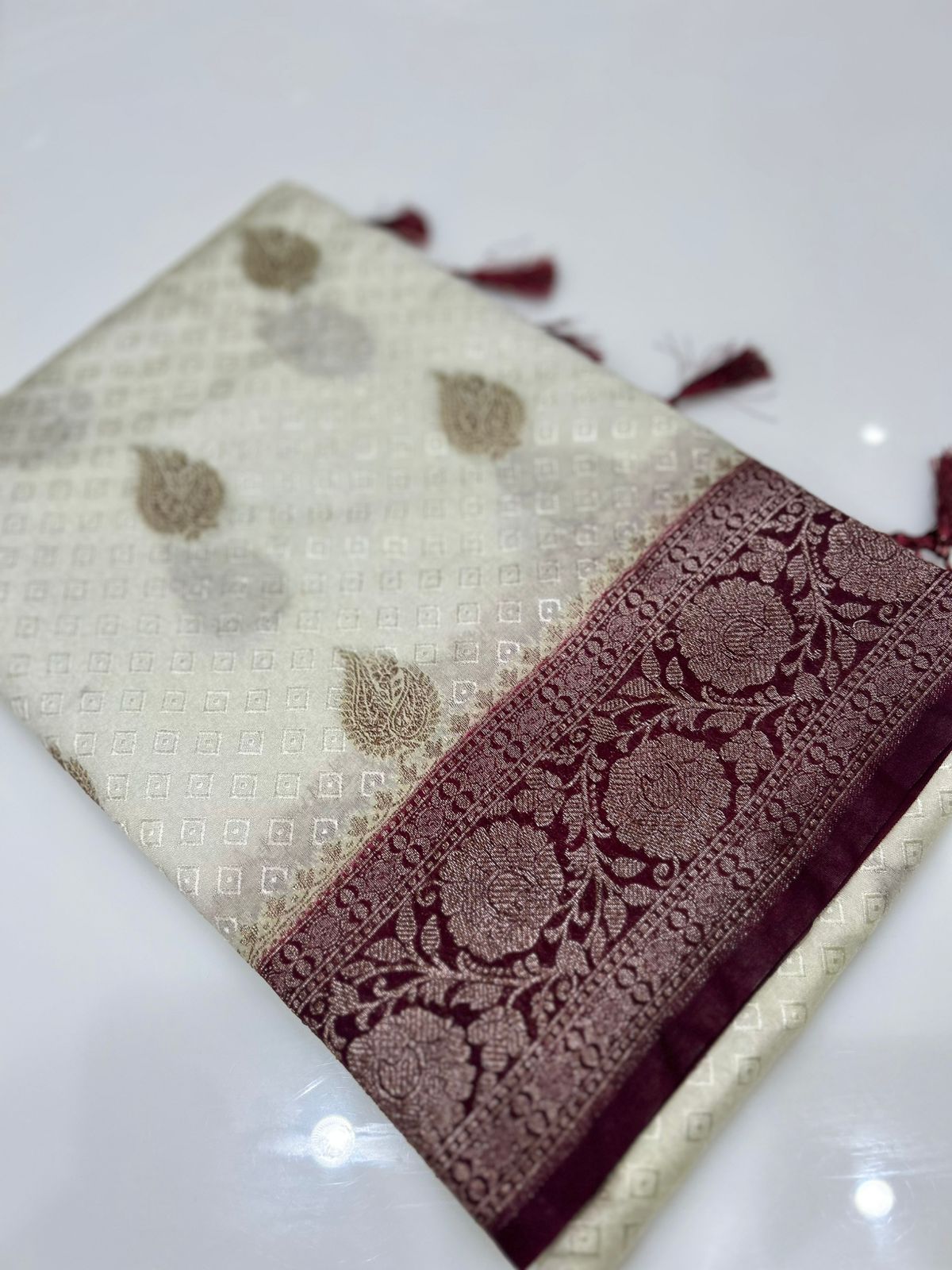 Banarasi  sarees -Off white Cream to Wine color Search code 6156