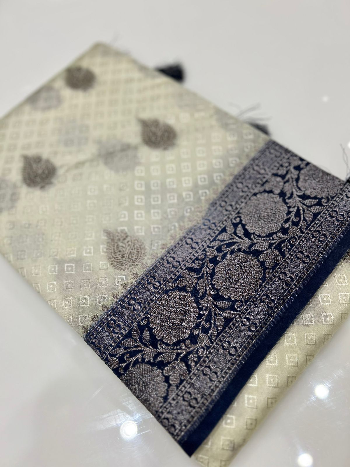 Banarasi  sarees -Off white Cream to  Navy blue color Search code 6158