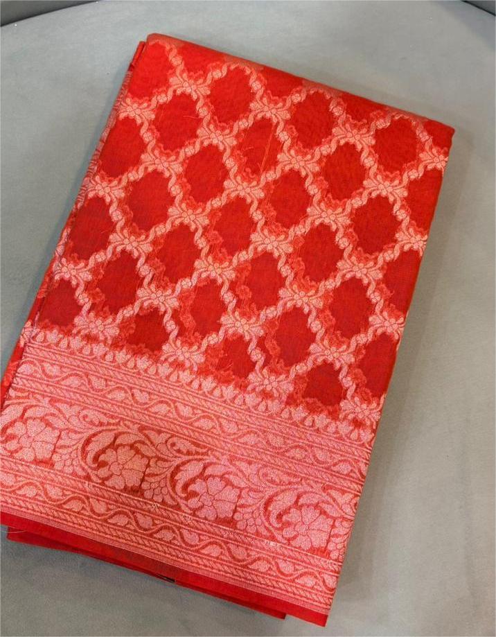 Banarasi  chanderi sarees - bright orange color Search code 5222