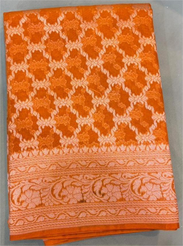 Banarasi  chanderi sarees - mustard orange  color Search code 5220