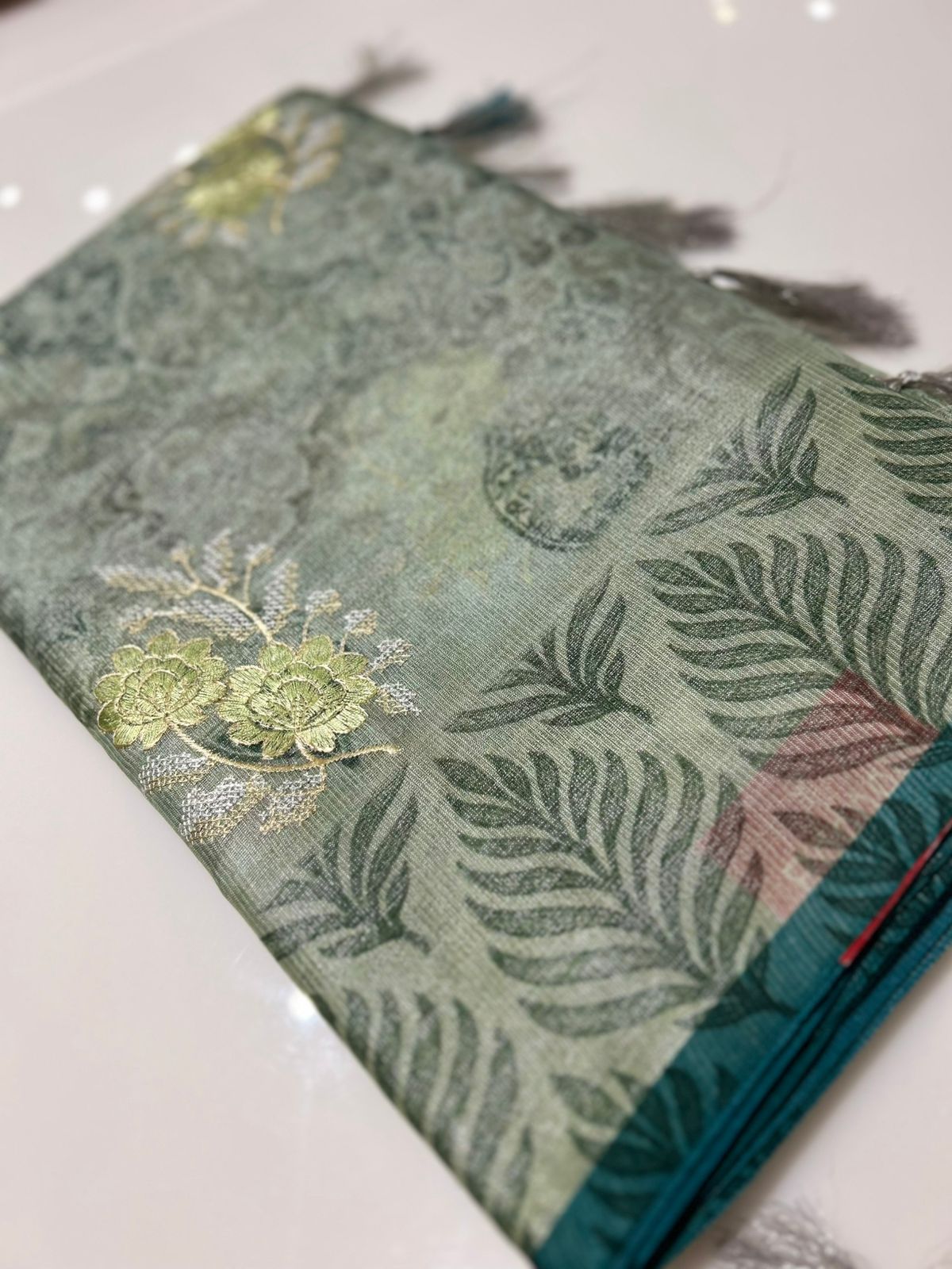 Net Cotta Saree-  Green shade Search code 7238