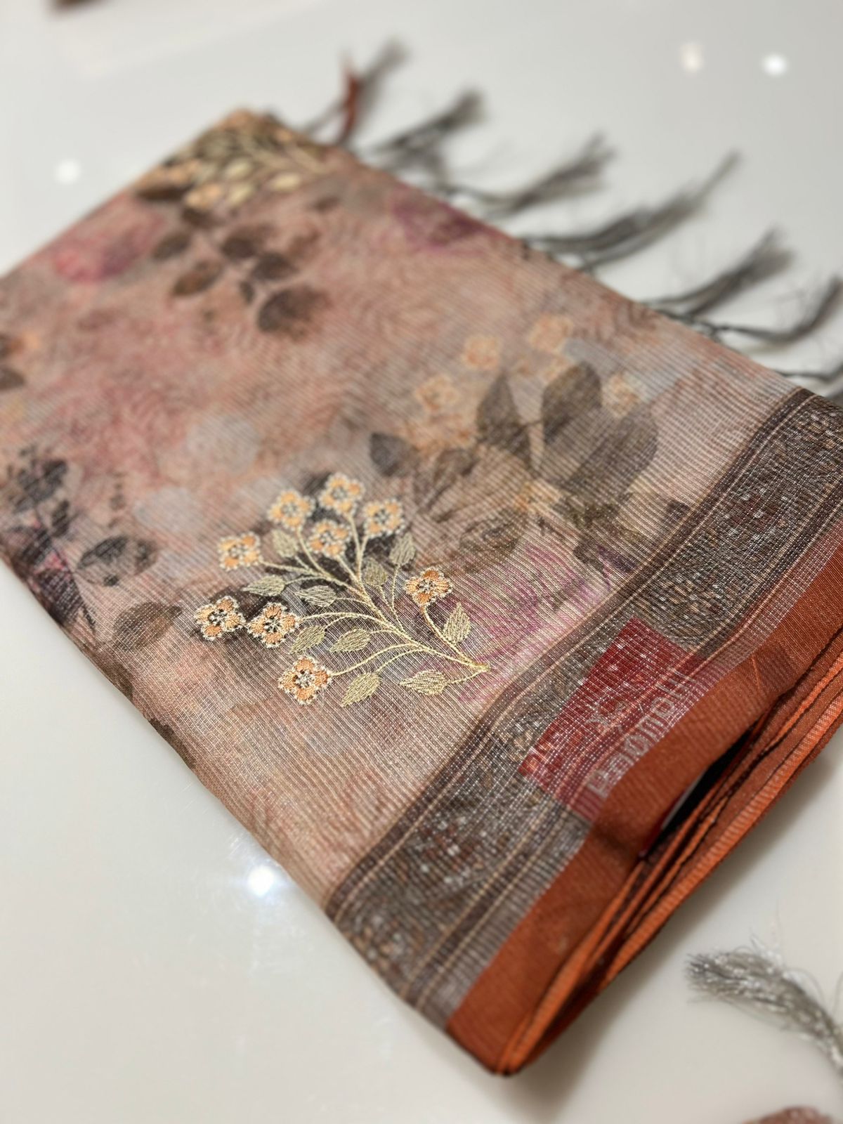 Net Cotta Saree-  Peach shade Search code 7235