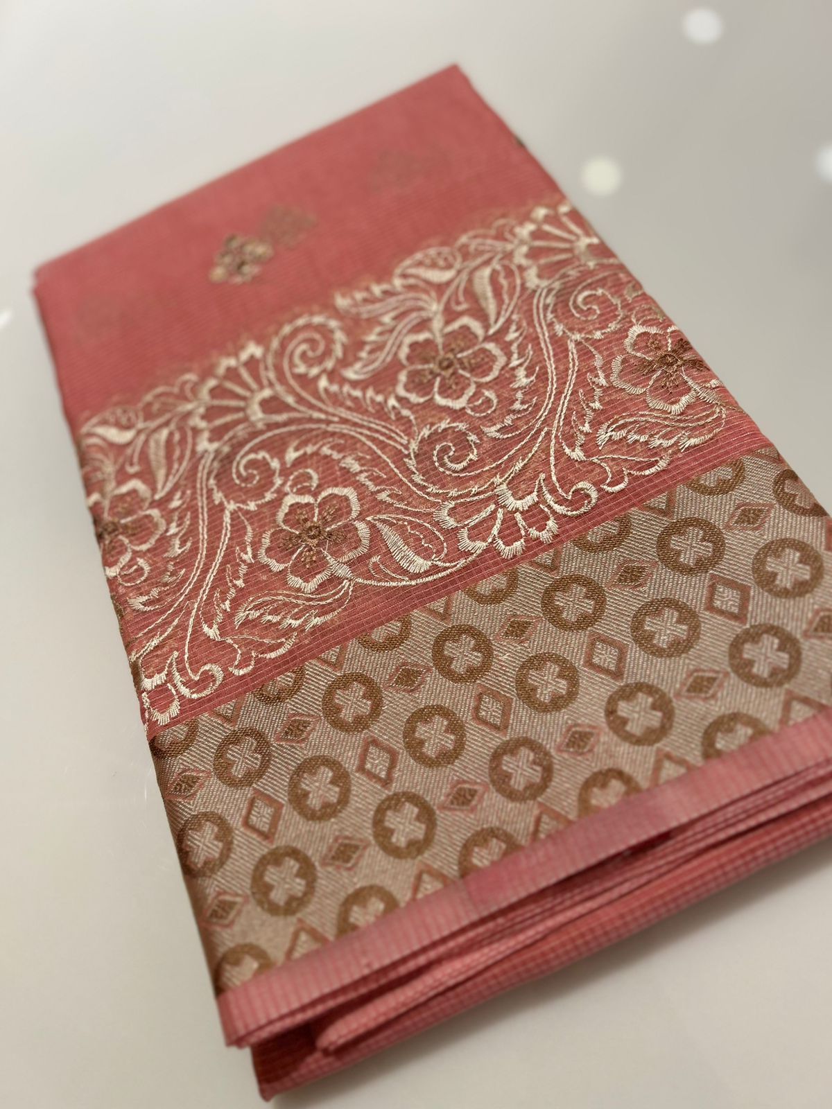 Net Cotta Saree-  Peach shade Search code 7233