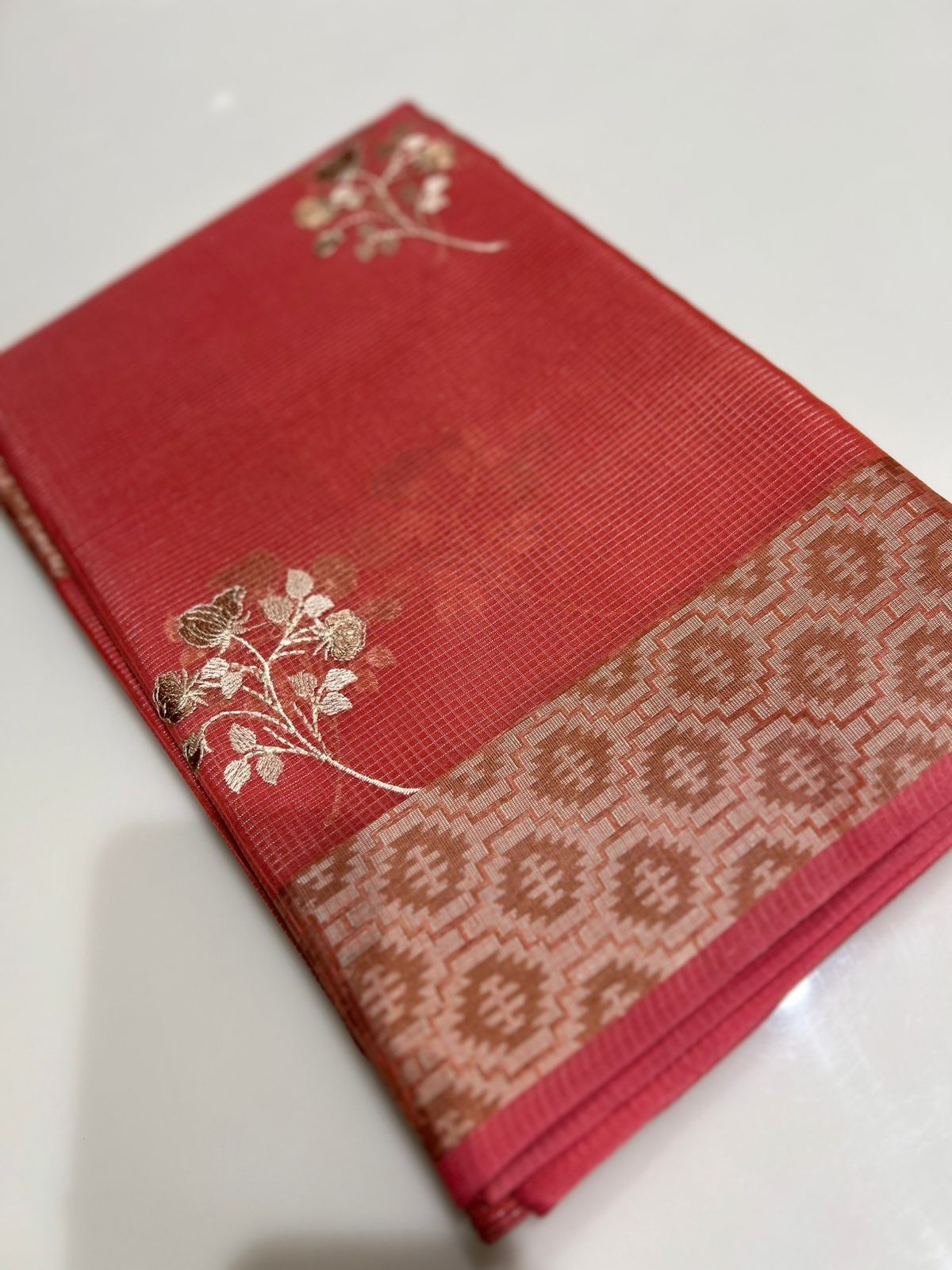 Net Cotta Saree- Peach shade Search code 7214