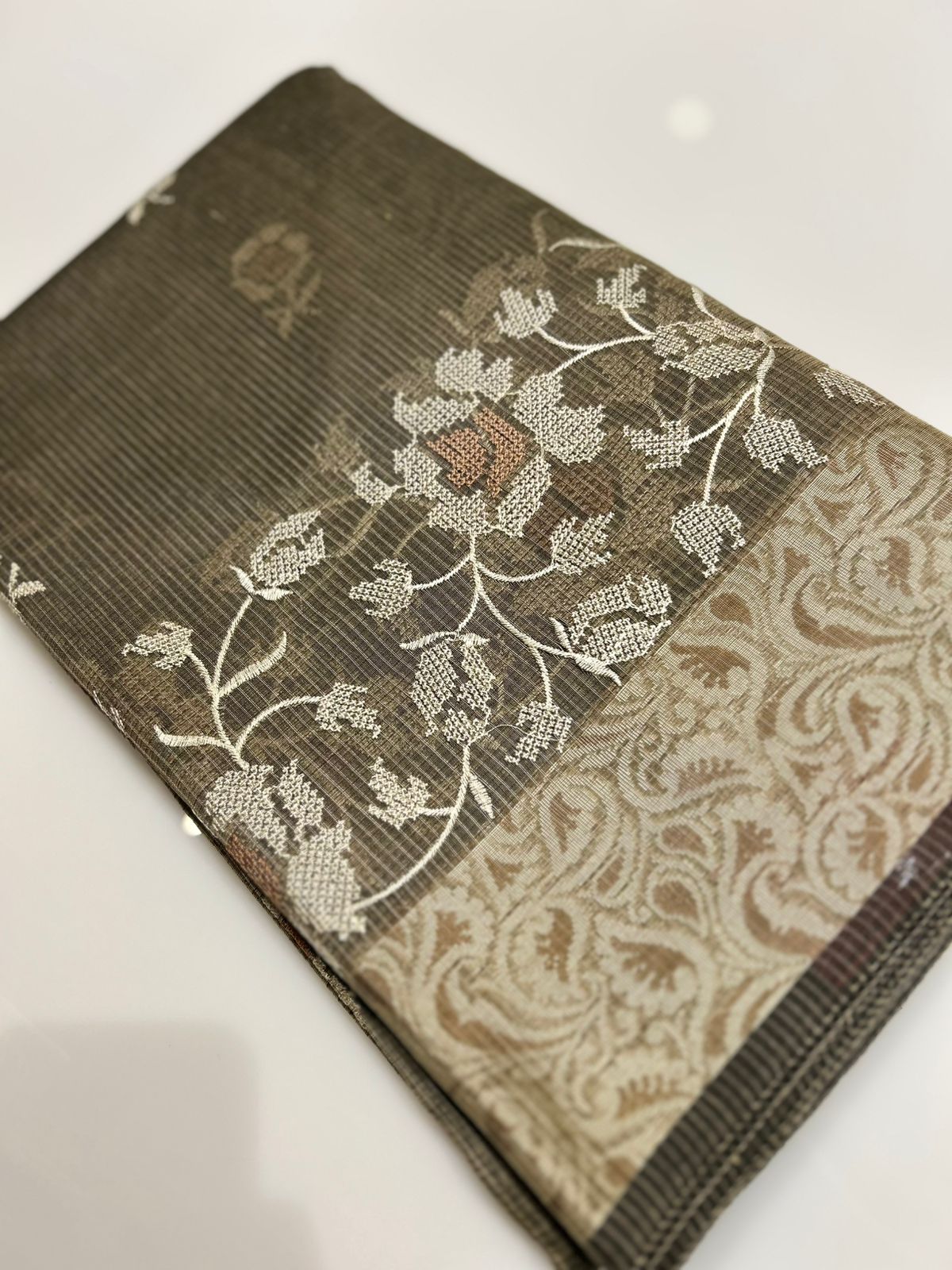 Net Cotta Saree- Dusty Green shade Search code 7220