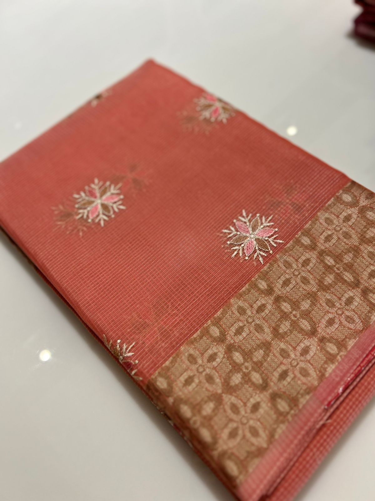 Net Cotta Saree- Peach shade Search code 7224