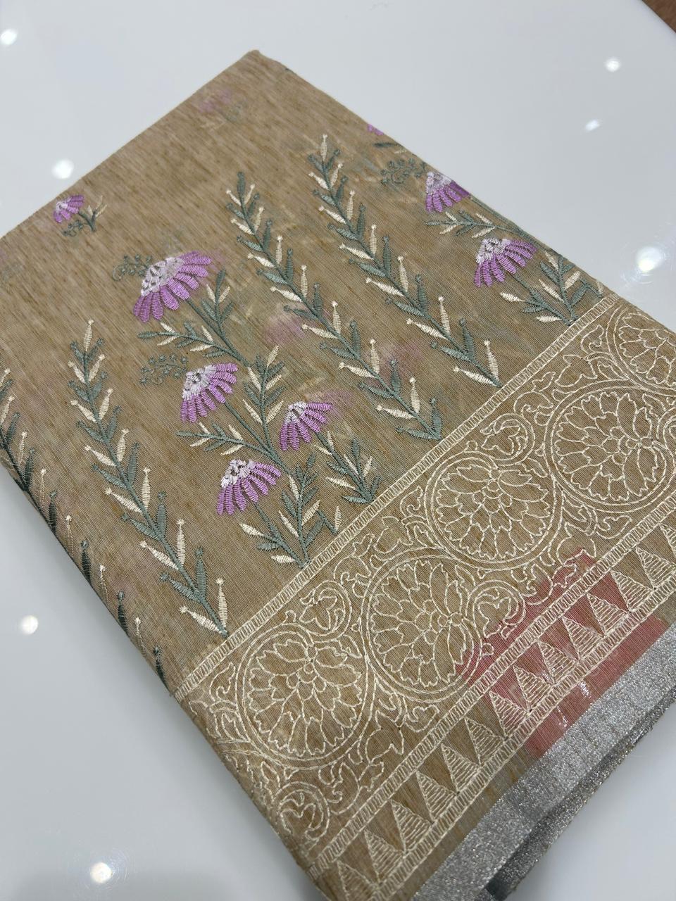 Net Cotta Saree-  Dusty yellow shade Search code 7243