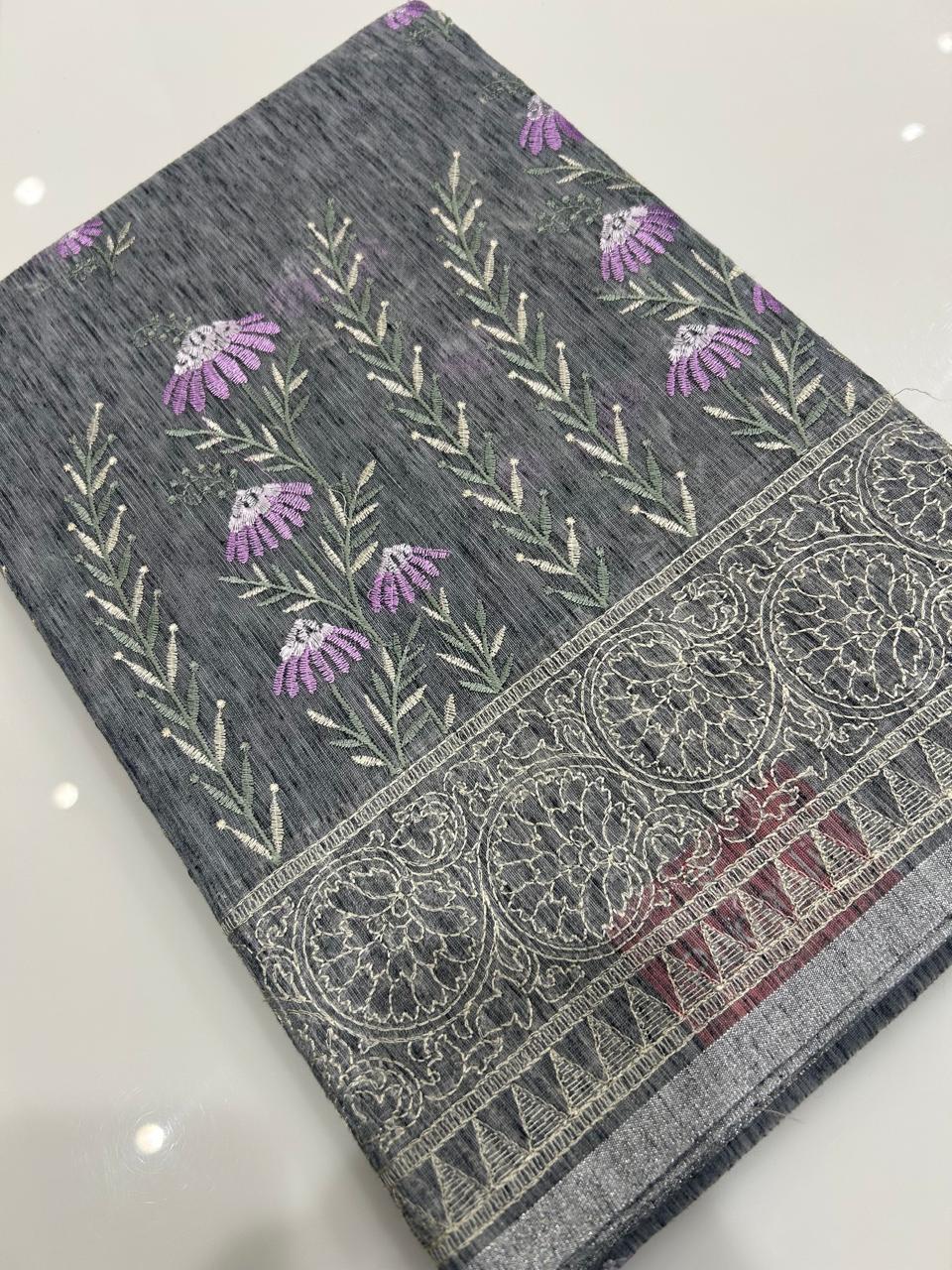 Net Cotta Saree-  Gray shade Search code 7242