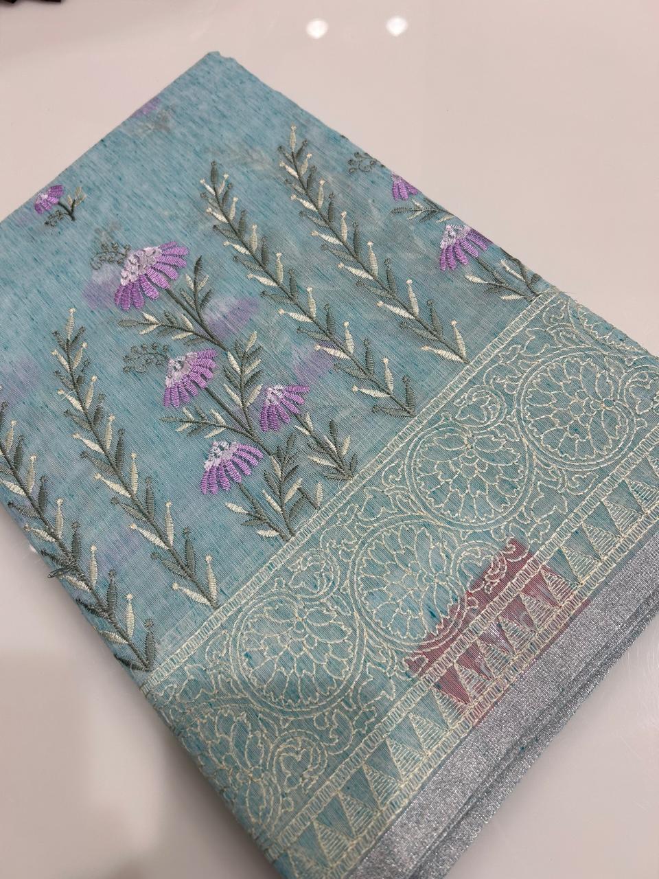 Net Cotta Saree-  Dusty Blue shade Search code 7244