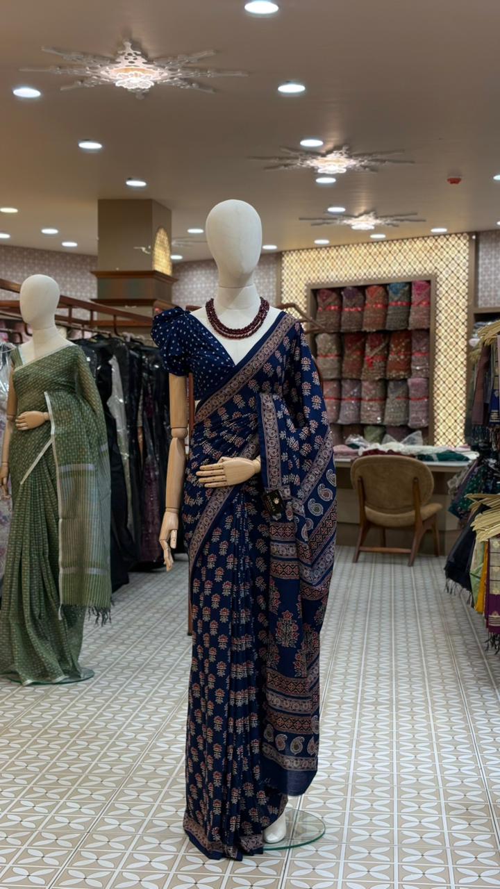 Ajrakh SAREE-navy  blue shade Search code 3520