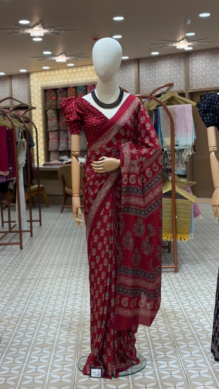Ajrakh SAREE-maroon shade Search code 3522