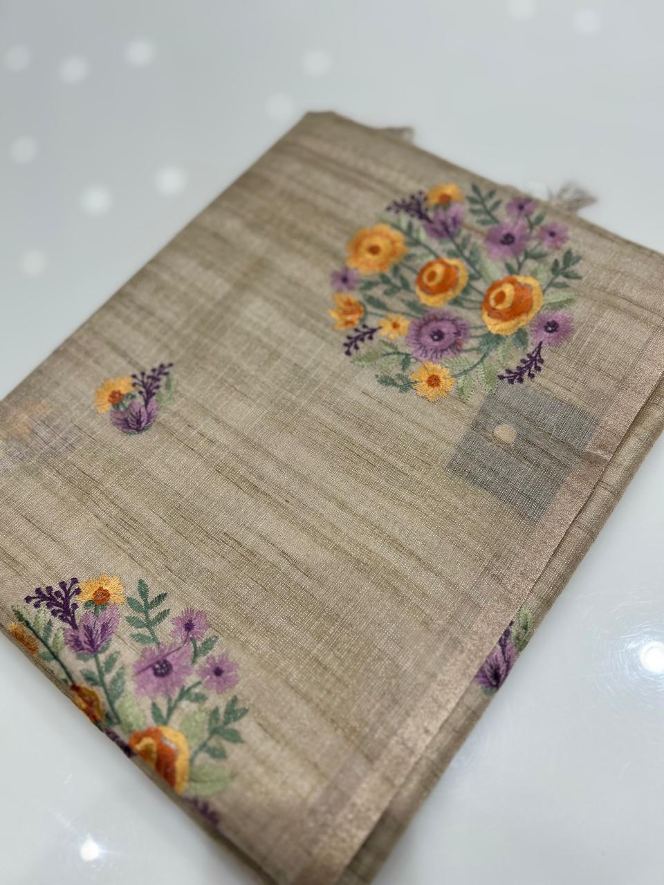 Linen tissue Saree- Chiku  shade Search code 4251