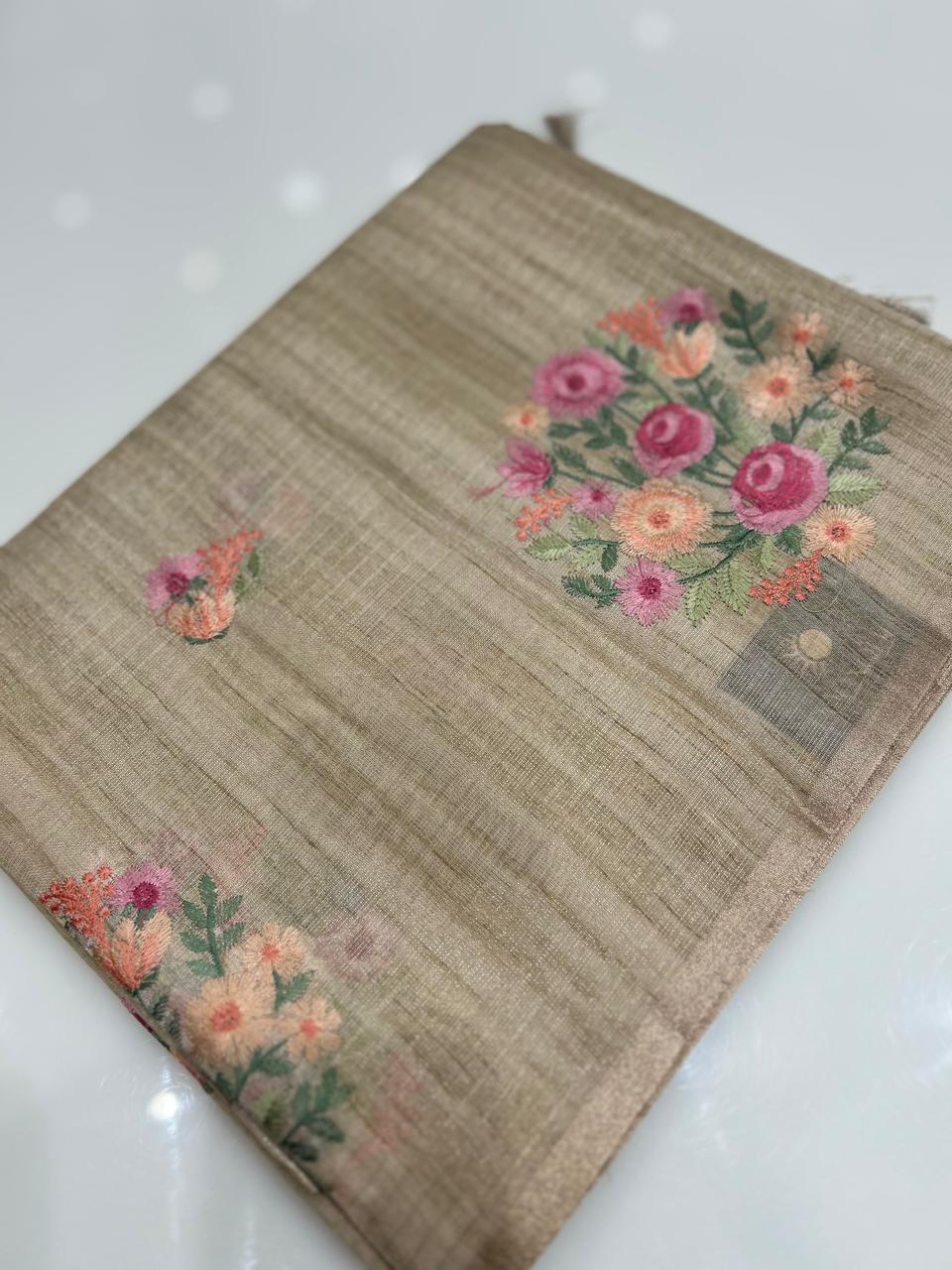 Linen tissue Saree- Chiku  shade Search code 4252