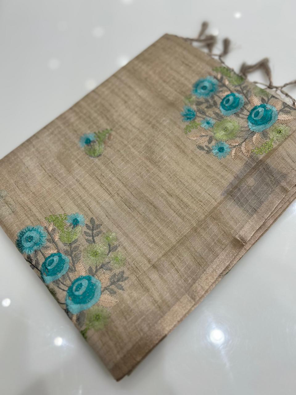 Linen tissue Saree- Chiku  shade Search code 4253