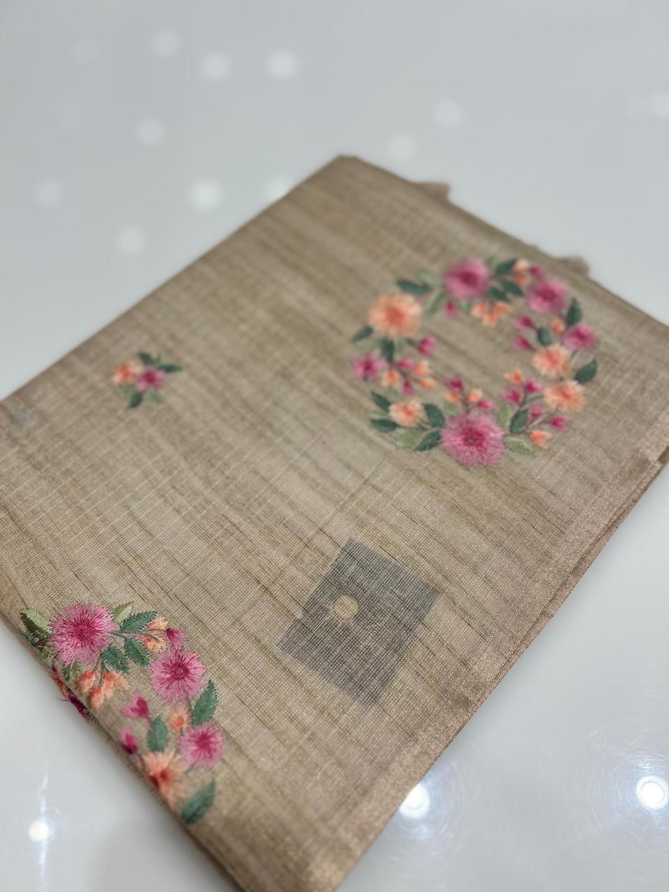 Linen tissue Saree- Chiku  shade Search code 4256